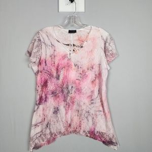 Brittany Black Shirt - Pink White - Layered - Lace Sleeves - Size Large